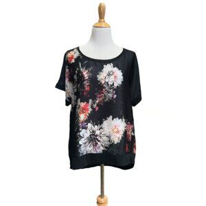 SimplyVera black floral short dolman sleeve blouse L